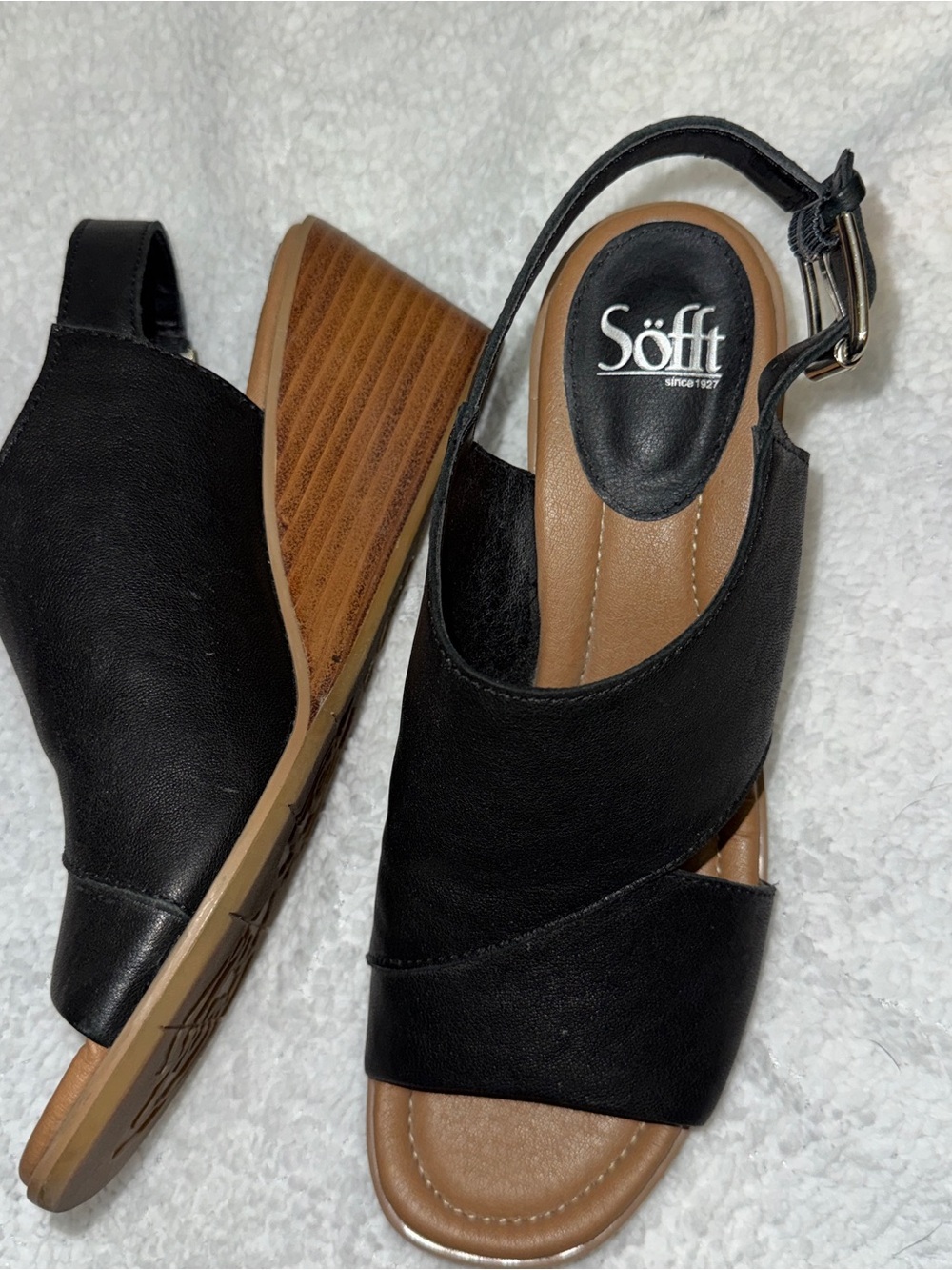 Sofft Wedge Sandals, Black, Ankle Buckle, Leather Upper, Women’s 9.5 Open Toe